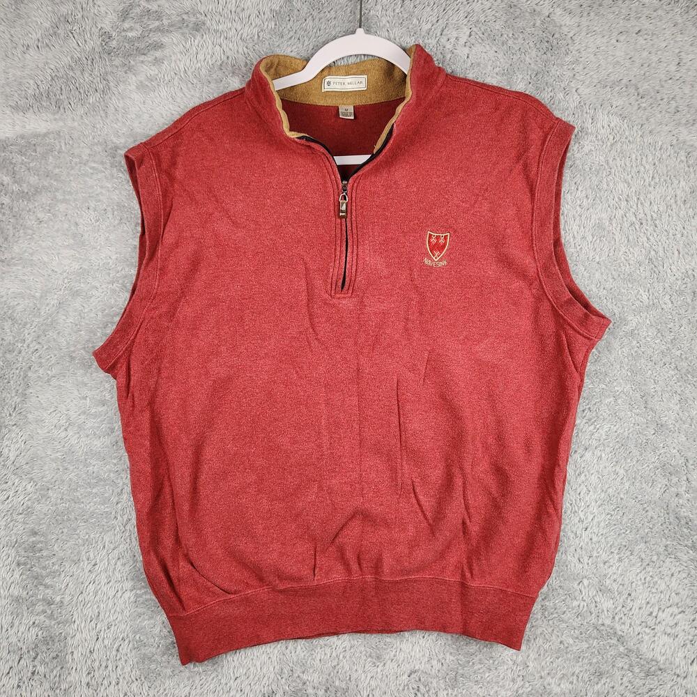 Peter Millar Sweater Vest Mens Medium Red Cotton 1/4 Zip Mock Neck Navesink Golf